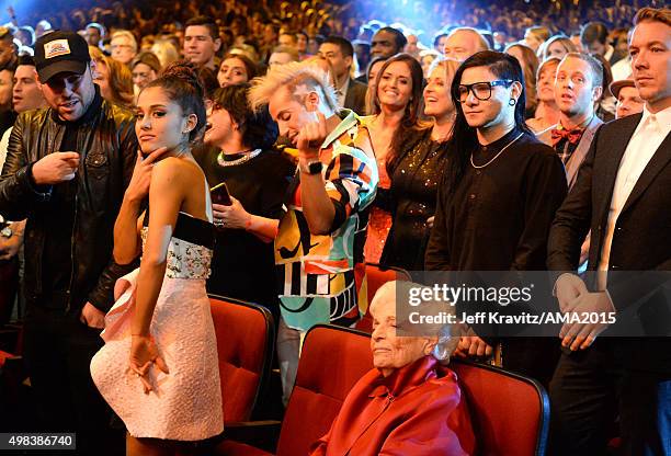 Talent manager Scooter Braun, recording artist Ariana Grande, TV personality Frankie Grande, and music producer Skrillex attend the 2015 American...