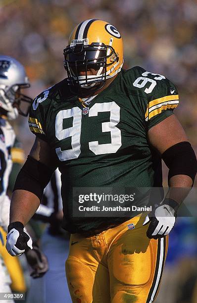 Gilbert Brown of the Green Bay Packers looks on from the field during the game against the Carolina Panthers at Lambeau Field in Green Bay,...