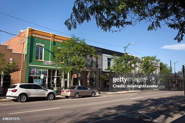 colorful shops in historic downtown littleton colorado - littleton colorado stock pictures, royalty-free photos & images