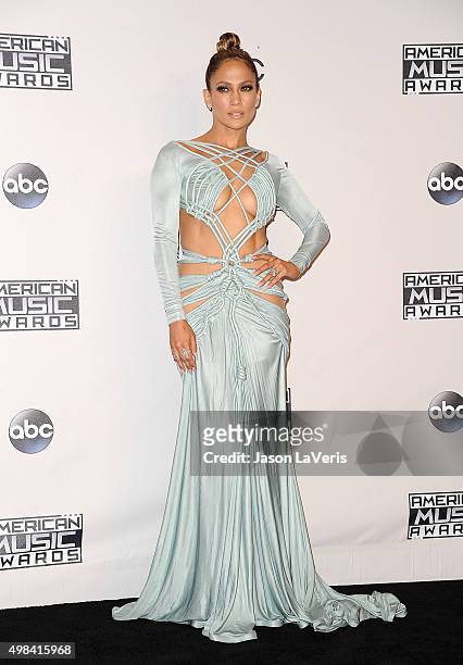Jennifer Lopez poses in the press room at the 2015 American Music Awards at Microsoft Theater on November 22, 2015 in Los Angeles, California.