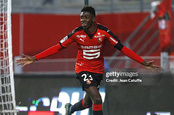 Ousmane Dembele of Rennes celebrates his goal during the French Ligue 1 match between Stade Rennais and Girondins de Bordeaux at Roazhon Park stadium...