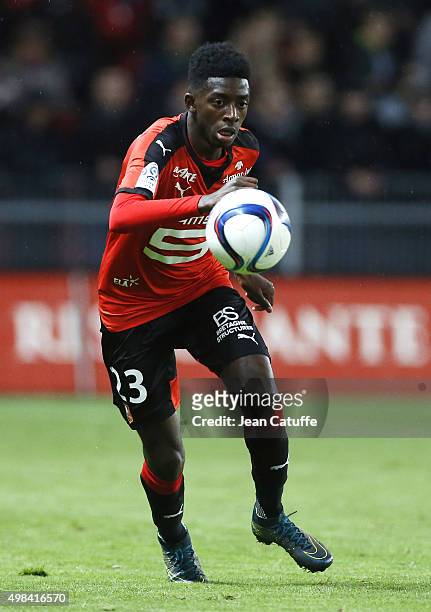 Ousmane Dembele of Rennes in action during the French Ligue 1 match between Stade Rennais and Girondins de Bordeaux at Roazhon Park stadium on...