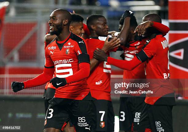 Giovanni Sio of Rennes celebrates the goal of his teammate Ousmane Dembele during the French Ligue 1 match between Stade Rennais and Girondins de...