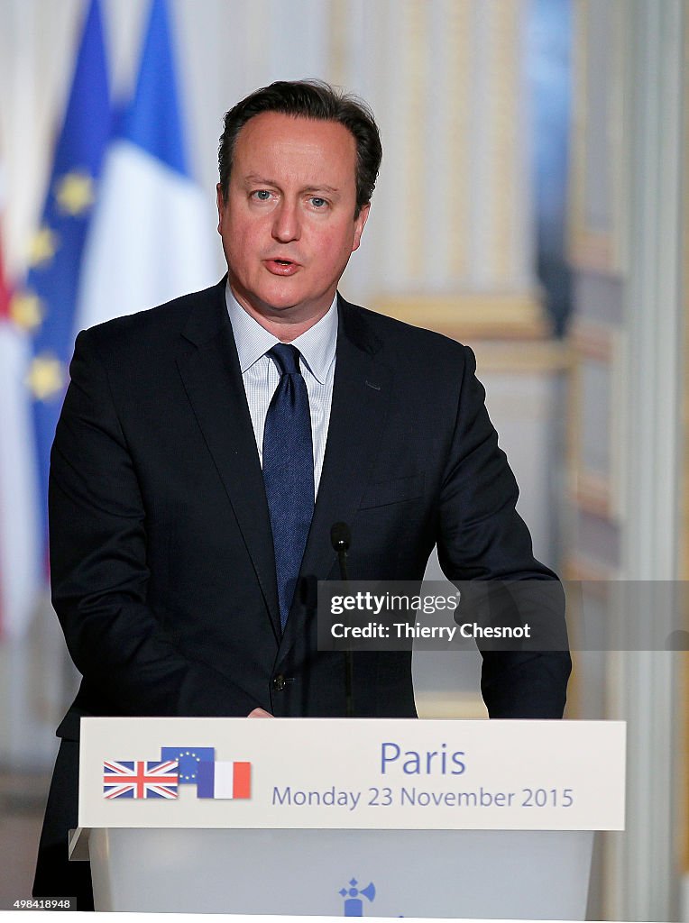 French President Francois Hollande Receives British Prime Minister David Cameron AT Elysee Palace