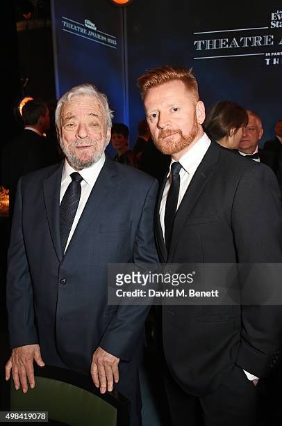 Stephen Sondheim and Christopher Oram attend a champagne reception ahead of The London Evening Standard Theatre Awards in partnership with The Ivy at...