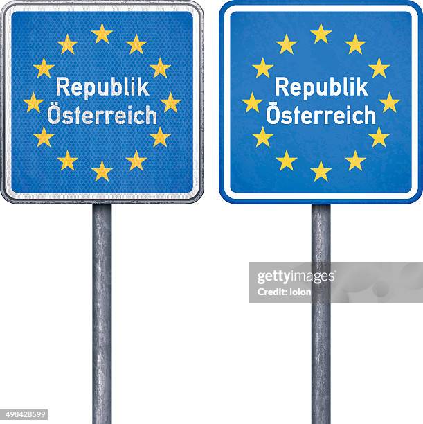 österreichische border road sign mit eu-flagge - österreichische kultur stock-grafiken, -clipart, -cartoons und -symbole