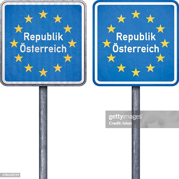austrian border road sign with european flag - eu road sign stock illustrations