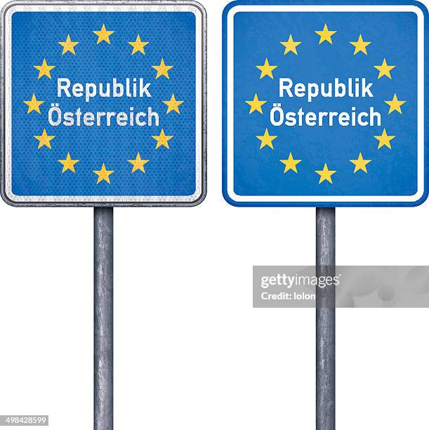 austrian border road sign with european flag - passport control stock illustrations