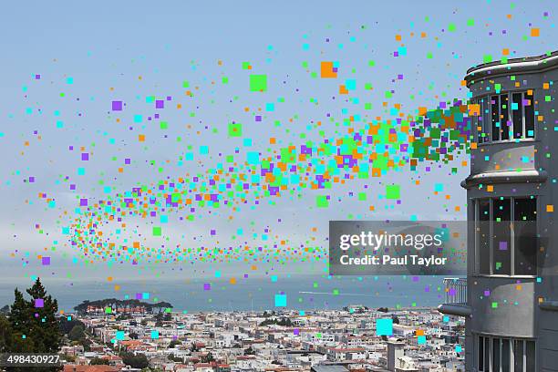 flying pixels over city - pixelated stock-fotos und bilder