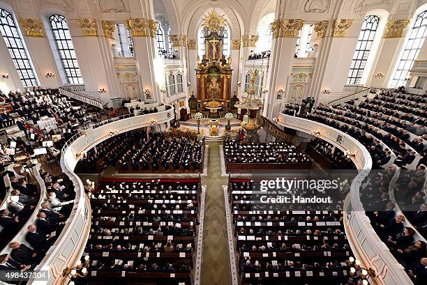 In this handout provided by the German Government Press Office , a general view of the coffin of former German Chancellor Helmut Schmidt prior to the...