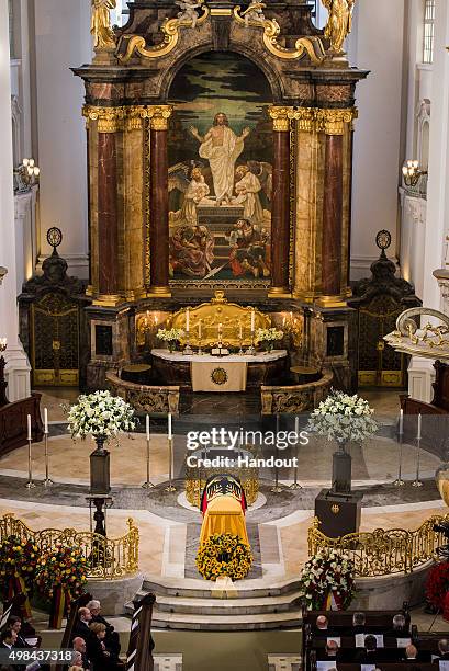 In this handout provided by the German Government Press Office , a general view of the coffin of former German Chancellor Helmut Schmidt prior to the...