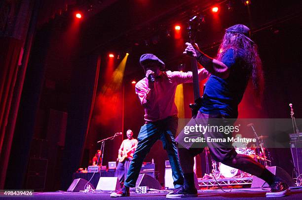 Corey Glover and Robert Trujillo perform live at the premiere of "Jaco" at The Theater at The Ace Hotel on November 22, 2015 in Los Angeles,...