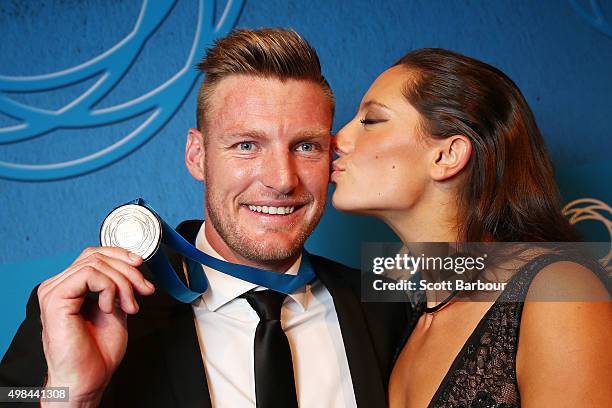 Sam Groth, winner of the Newcombe Medal is kissed by his girlfriend Brittany Boys at the 2015 Newcombe Medal at Crown Palladium on November 23, 2015...