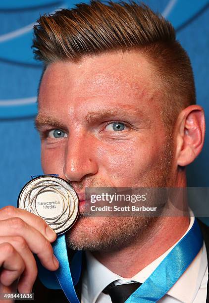 Sam Groth, winner of the Newcombe Medal poses with the medal at the 2015 Newcombe Medal at Crown Palladium on November 23, 2015 in Melbourne,...