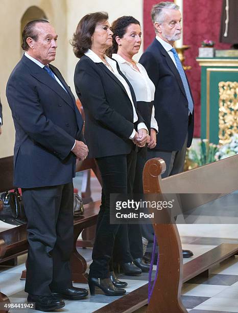 Bullfighter Curro Romero, his wife and a close friend of the duchess Carmen Tello, and Francisco Trujillo attend a mass at noon on the first...