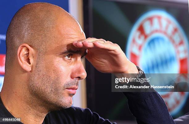 Josep Guardiola, head coach of Bayern Muenchen looks on during a FC Bayern Muenchen press conference, on the eve of their UEFA Champions League match...