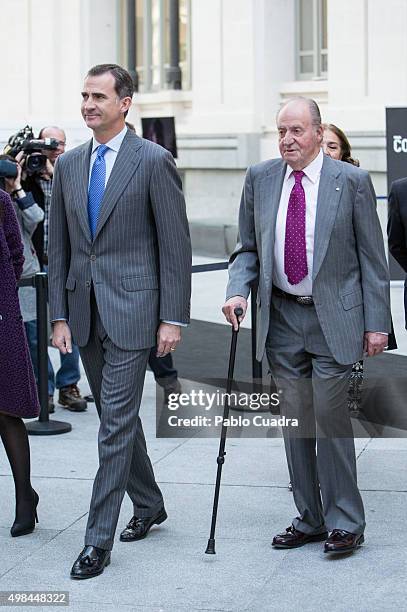 King Felipe VI of Spain and his father King Juan Carlos attend COTEC Foundation meeting at Cibeles Palace on November 23, 2015 in Madrid, Spain.