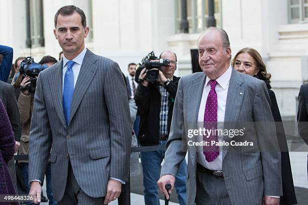 King Felipe VI of Spain and his father King Juan Carlos attend COTEC Foundation meeting at Cibeles Palace on November 23, 2015 in Madrid, Spain.