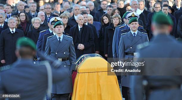 German guards of honor stand at attention during the funeral ceremony of Germany's ex-chancellor Helmut Schmidt at St. Michael's Church in Hamburg,...