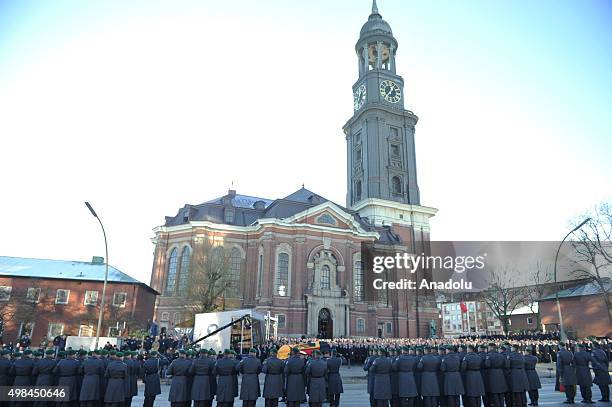 An outside view of the St. Michael's Church during the funeral ceremony of Germany's ex-chancellor Helmut Schmidt in Hamburg, Germany on November 23,...