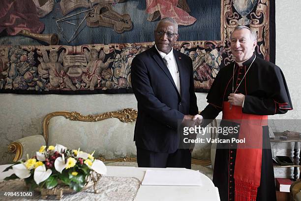 Vatican Secretary of State cardinal Pietro Parolin meets Governor-General of Antigua and Barbuda Sir Rodney Williams after a private audience with...