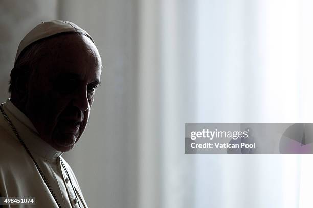 Pope Francis attends a meeting with Governor-General of Antigua and Barbuda Sir Rodney Williams at his private library in the Apostolic Palace on...