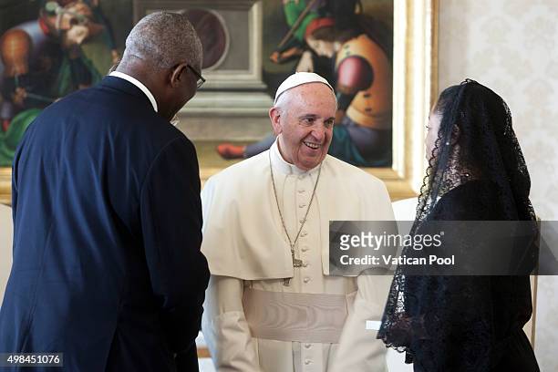 Pope Francis meets Governor-General of Antigua and Barbuda Sir Rodney Williams and his wife at his private library in the Apostolic Palace on...