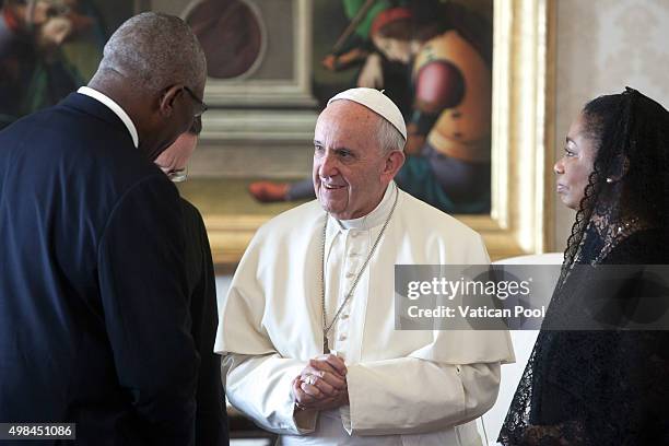 Pope Francis meets Governor-General of Antigua and Barbuda Sir Rodney Williams and his wife at his private library in the Apostolic Palace on...