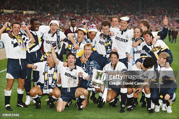 Tottenham Hotspur celebrate with the trophy after the 1991 FA Cup Final between Tottenham Hotspur and Nottingham Forest at Wembley Stadium on May 18,...
