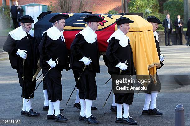 German guards of honor carry a coffin during the funeral ceremony of Germany's ex-chancellor Helmut Schmidt at St. Michael's Church in Hamburg,...