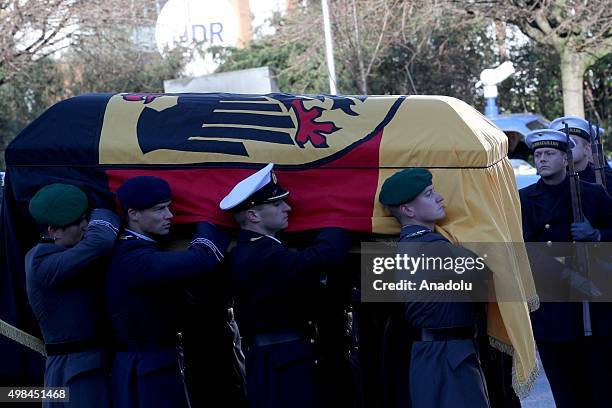 German guards of honor carry a coffin during the funeral ceremony of Germany's ex-chancellor Helmut Schmidt at St. Michael's Church in Hamburg,...