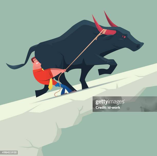 businessman pulling bull - running hard stock illustrations
