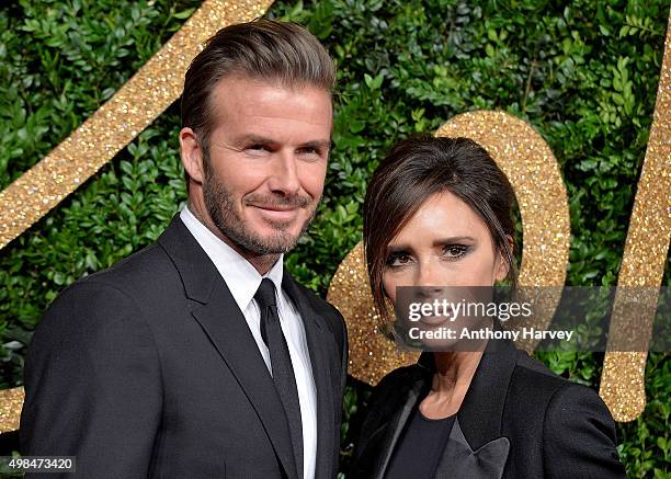 David Beckham and Victoria Beckham attend the British Fashion Awards 2015 at London Coliseum on November 23, 2015 in London, England.