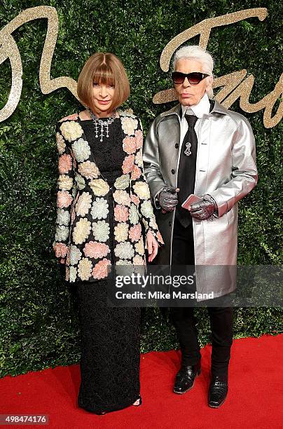 Anna Wintour and Karl Lagerfeld attend the British Fashion Awards 2015 at London Coliseum on November 23, 2015 in London, England.
