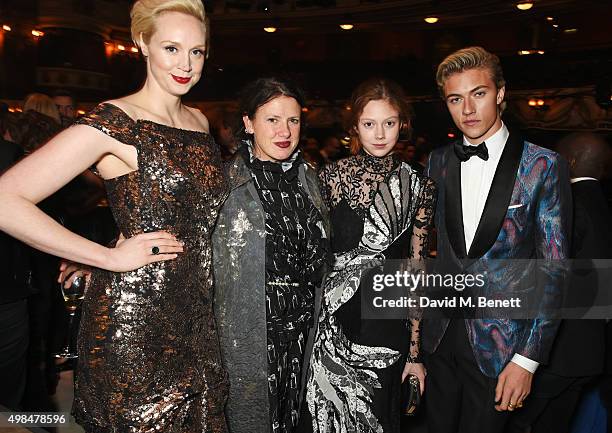 Gwendoline Christie, Katie Grand, Natalie Westling and Lucky Blue Smith attend a drinks reception at the British Fashion Awards in partnership with...
