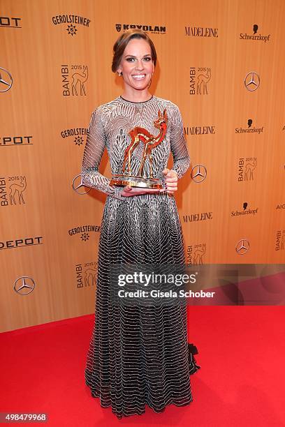 Hilary Swank with award during at the Bambi Awards 2015 winners board at Stage Theater on November 12, 2015 in Berlin, Germany.