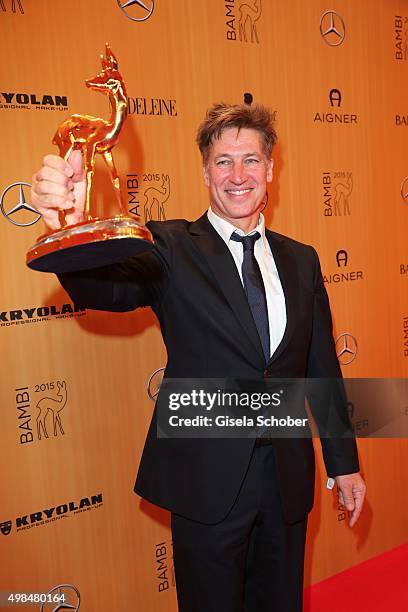 Tobias Moretti with award during at the Bambi Awards 2015 winners board at Stage Theater on November 12, 2015 in Berlin, Germany.