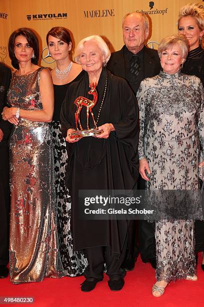 Ruth Maria Kubitschek with the award for Wolfgang Rademann during at the Bambi Awards 2015 winners board at Stage Theater on November 12, 2015 in...