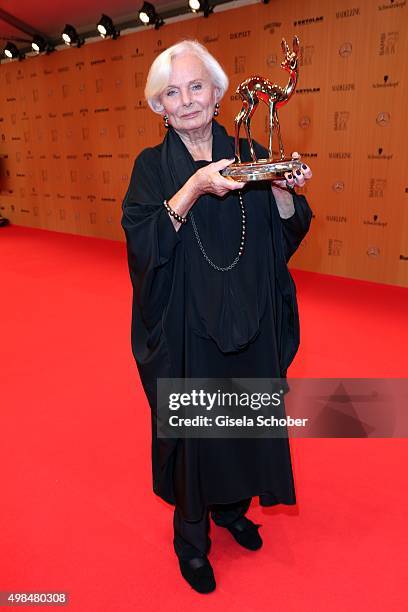 Ruth Maria Kubitschek with the award for Wolfgang Rademann during at the Bambi Awards 2015 winners board at Stage Theater on November 12, 2015 in...