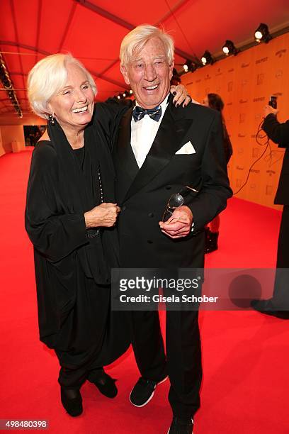 Ruth Maria Kubitschek with Siegfried Rauch during at the Bambi Awards 2015 winners board at Stage Theater on November 12, 2015 in Berlin, Germany.