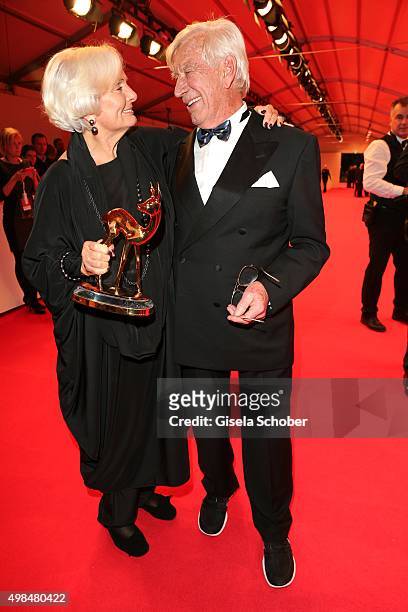 Ruth Maria Kubitschek with Siegfried Rauch and the award for Wolfgang Rademann during at the Bambi Awards 2015 winners board at Stage Theater on...