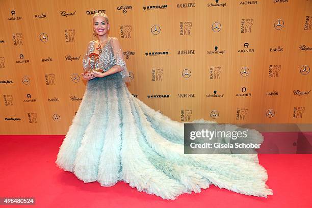 Rita Ora with award during at the Bambi Awards 2015 winners board at Stage Theater on November 12, 2015 in Berlin, Germany.