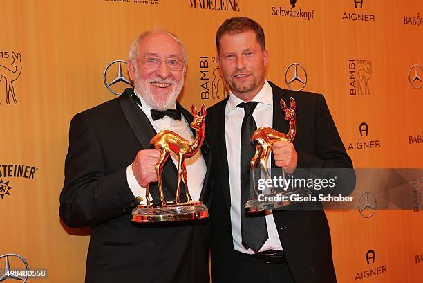 Dieter , Didi Hallervorden and Til Schweiger with award during at the Bambi Awards 2015 winners board at Stage Theater on November 12, 2015 in...