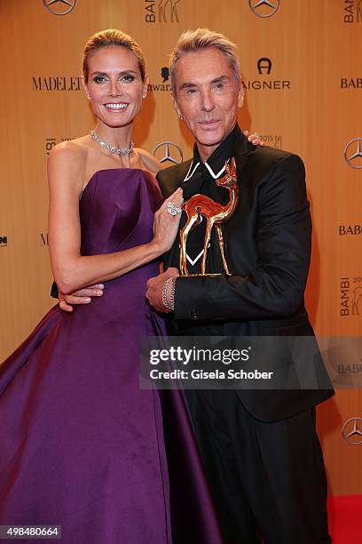 Heidi Klum and Wolfgang Joop with award during at the Bambi Awards 2015 winners board at Stage Theater on November 12, 2015 in Berlin, Germany.