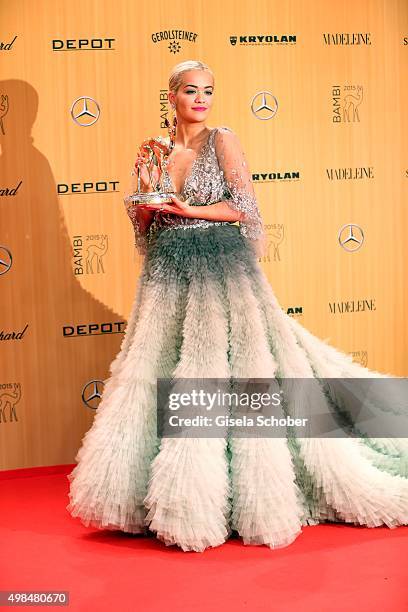 Rita Ora with award during at the Bambi Awards 2015 winners board at Stage Theater on November 12, 2015 in Berlin, Germany.