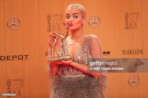 Rita Ora with award during at the Bambi Awards 2015 winners board at Stage Theater on November 12, 2015 in Berlin, Germany.