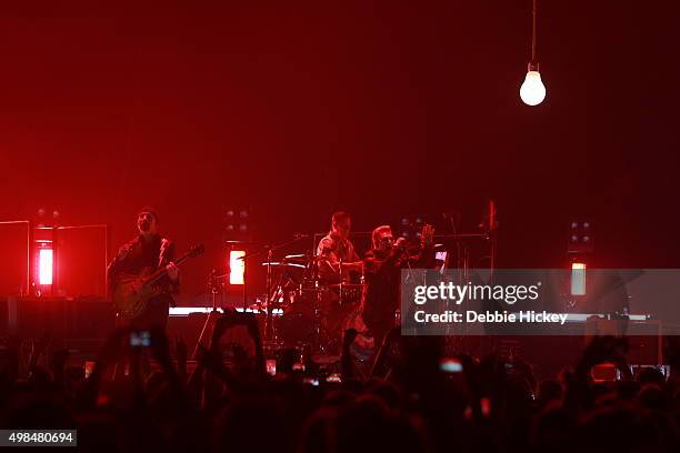Musicians The Edge, Larry Mullen Jr., Bono and Adam Clayton of U2 perform onstage during of U2 performs at 3 Arena on November 23, 2015 in Dublin,...
