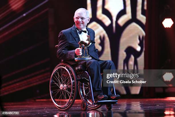 Wolfgang Schaeuble with award on stage during the Bambi Awards 2015 show at Stage Theater on November 12, 2015 in Berlin, Germany.