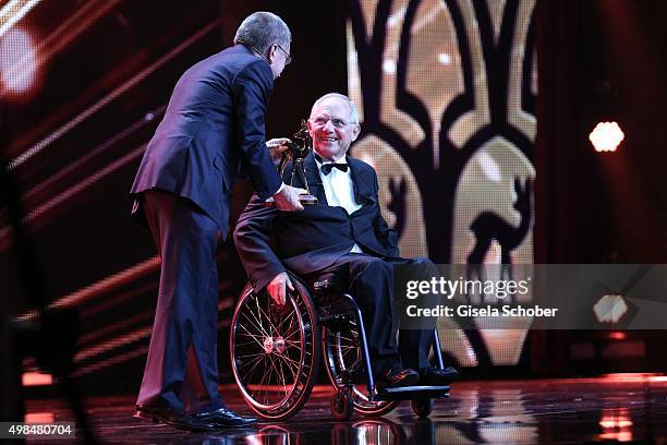 Wolfgang Schaeuble with award on stage during the Bambi Awards 2015 show at Stage Theater on November 12, 2015 in Berlin, Germany.