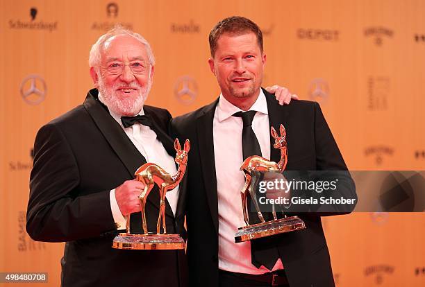 Dieter , Didi Hallervorden and Til Schweiger with award during at the Bambi Awards 2015 winners board at Stage Theater on November 12, 2015 in...